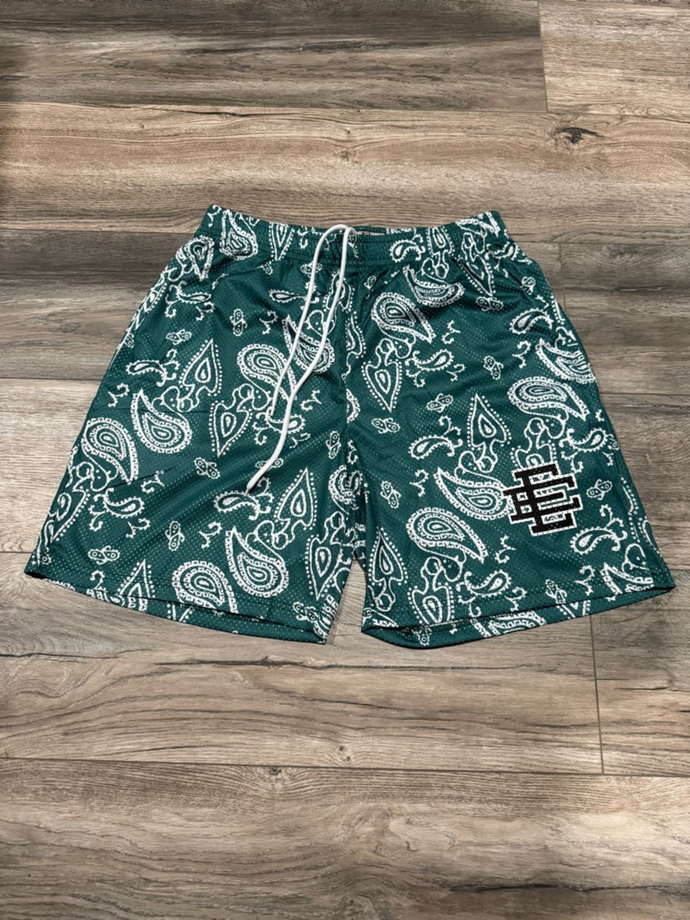 Eric Emanuel Green Paisley Mesh Athletic Shorts with White Drawstring